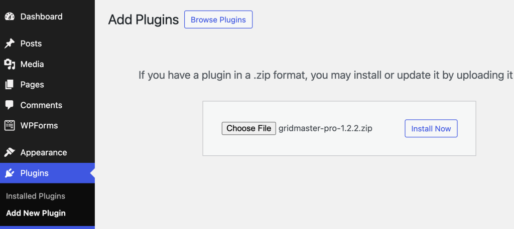 WordPress dashboard – Upload plugin screen